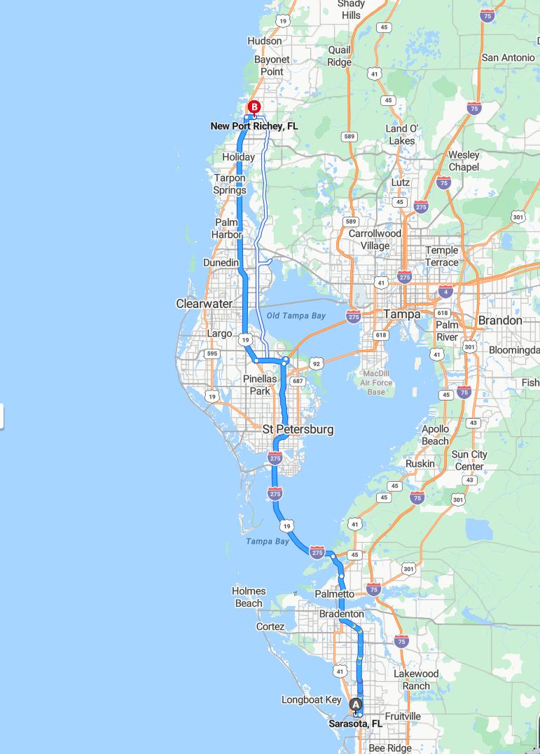 driving from Sarasota, Florida to New Port RicheyFlorida - map and route