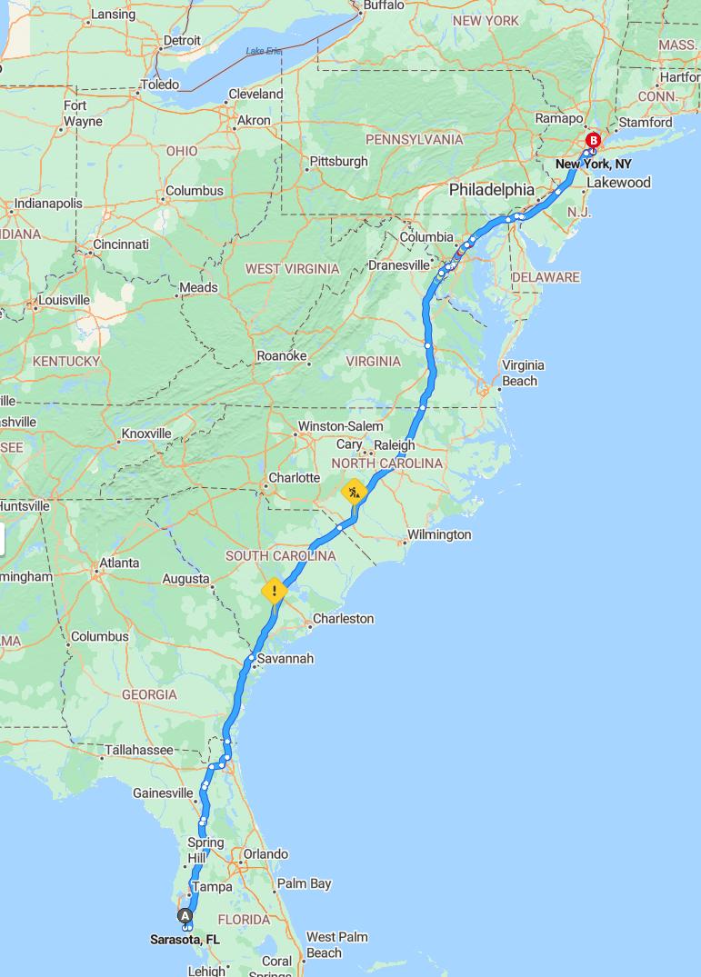 driving from Sarasota, Florida to New YorkNew York - map and route