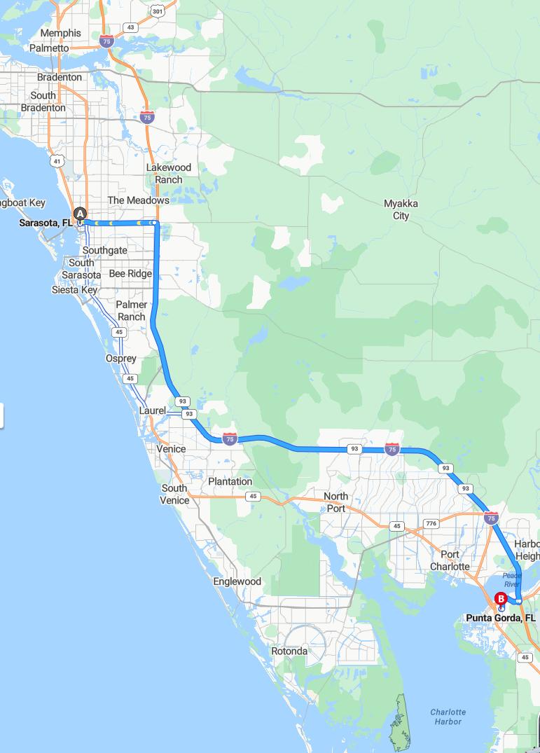 driving from Sarasota, Florida to Punta GordaFlorida - map and route