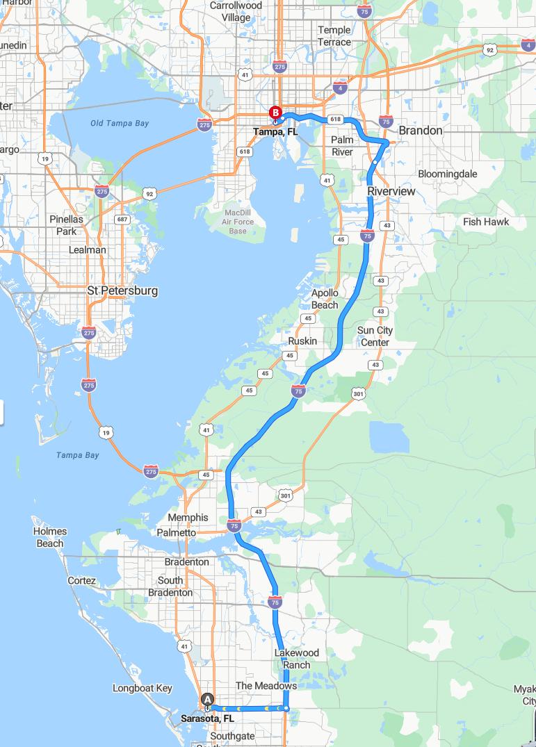 driving from Sarasota, Florida to TampaFlorida - map and route