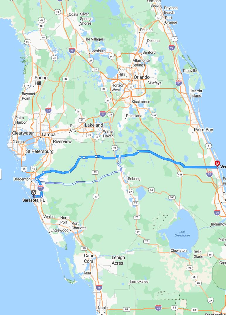 driving from Sarasota, Florida to Vero BeachFlorida - map and route