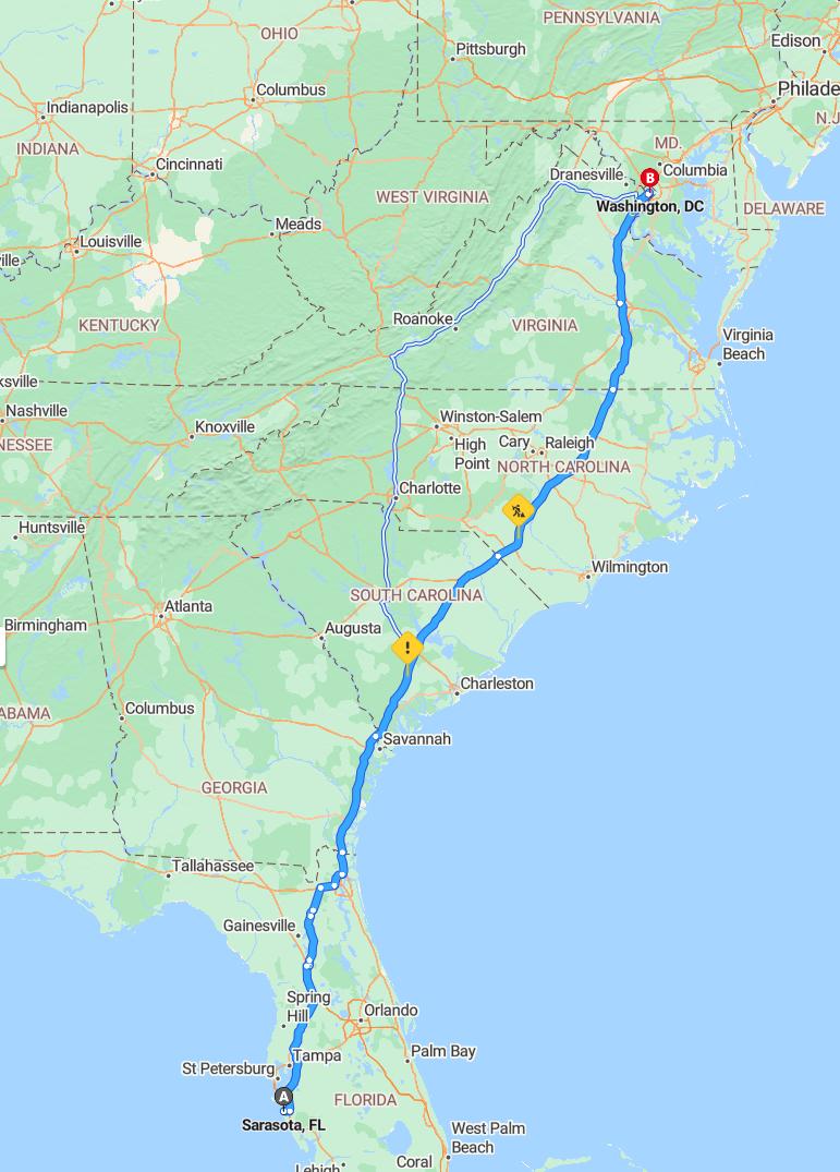 driving from Sarasota, Florida to WashingtonDistrict of Columbia - map and route