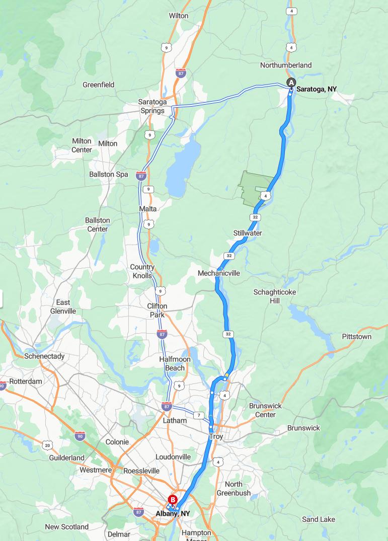 driving from Saratoga, New York to AlbanyNew York - map and route