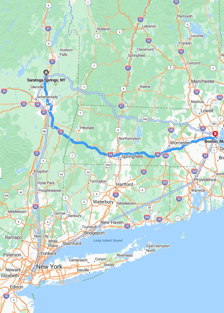 driving from Saratoga Springs, New York to BostonMassachusetts - map and route