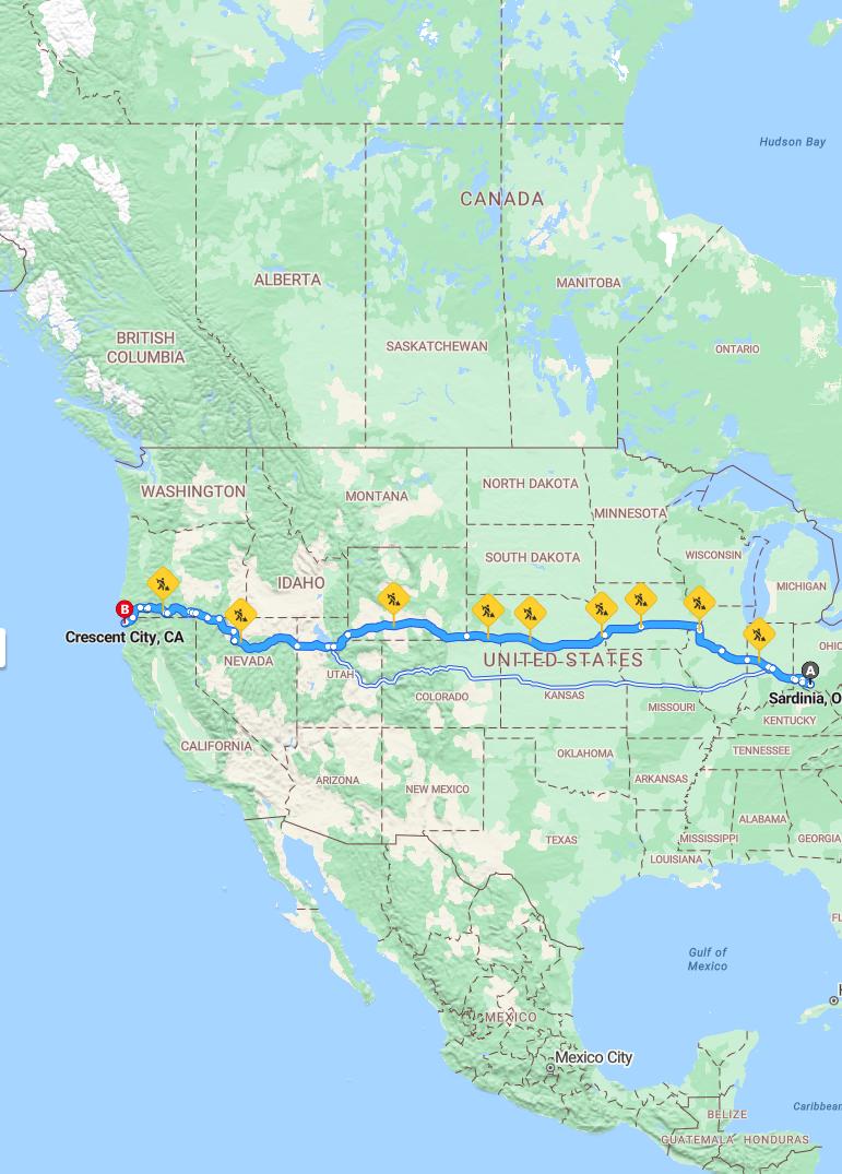 driving from Sardinia, Ohio to Crescent CityCalifornia - map and route