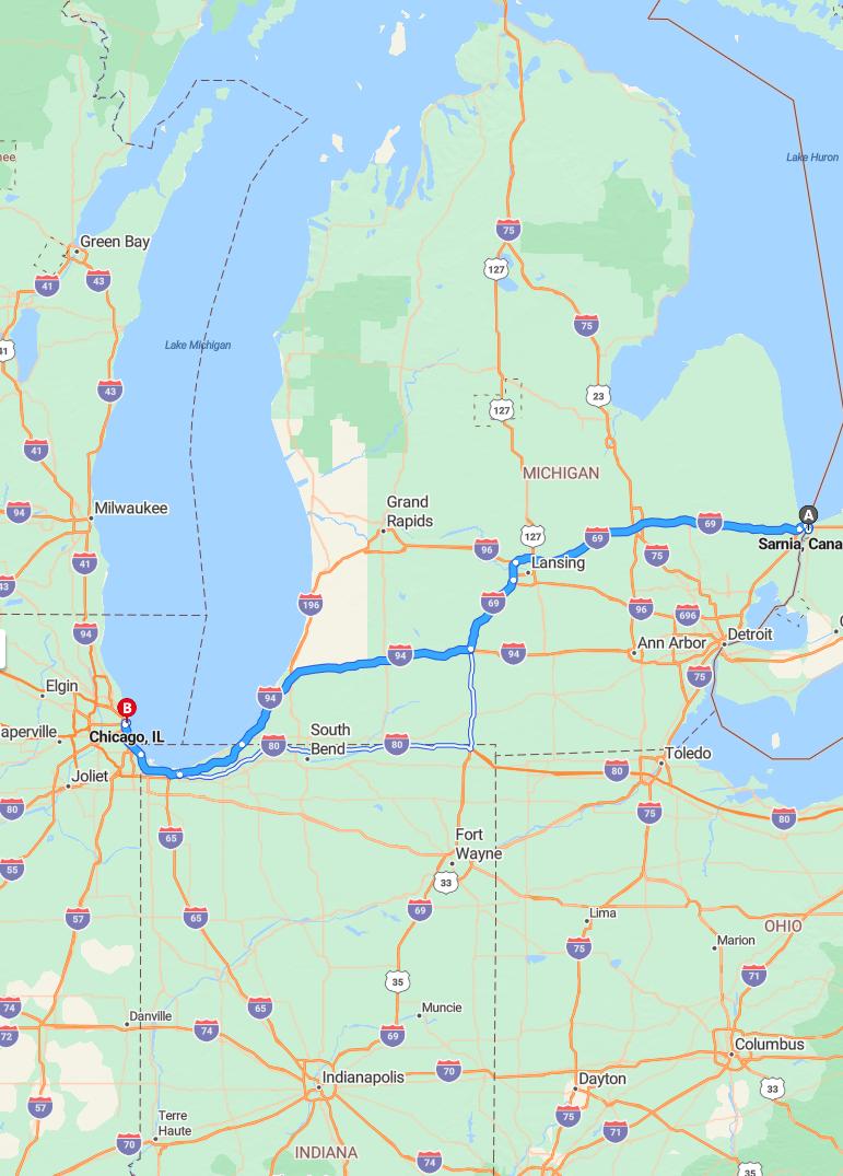 driving from Sarnia, Ontario to ChicagoIllinois - map and route