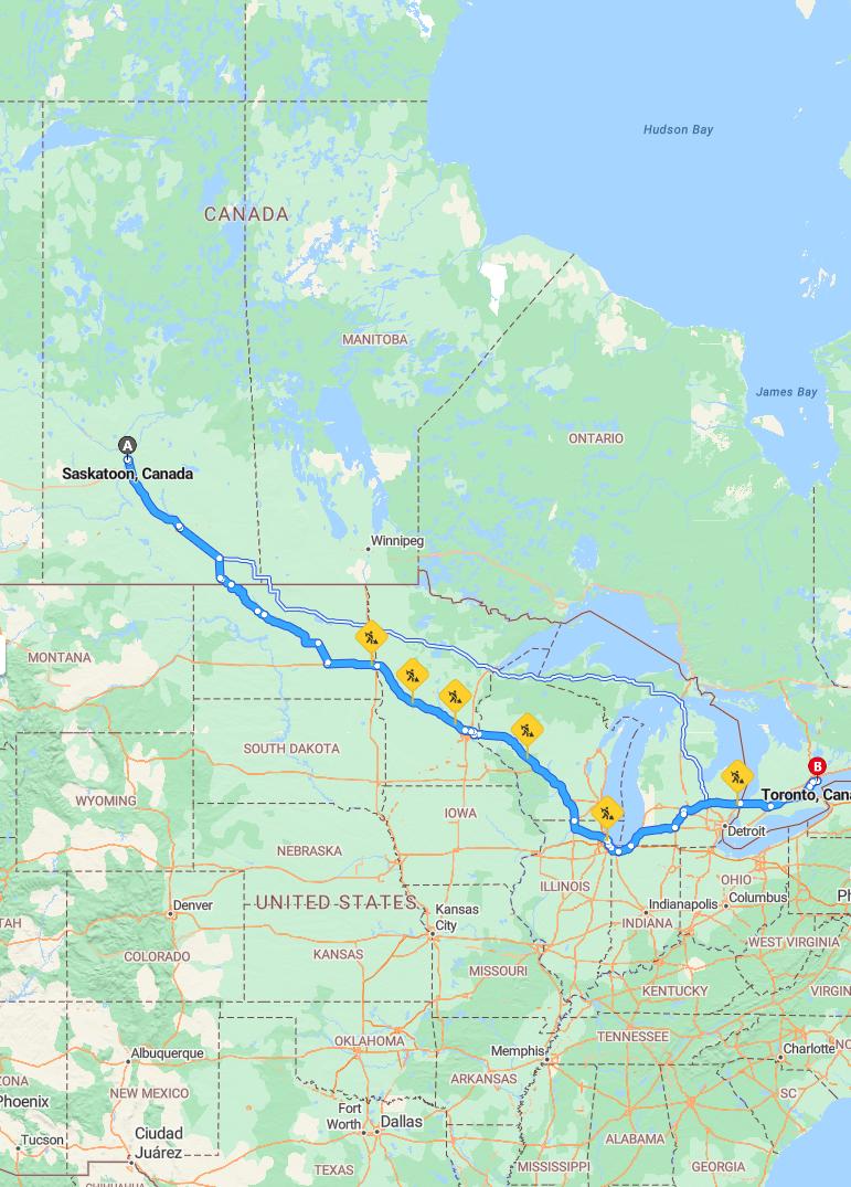 driving from Saskatoon, Saskatchewan to TorontoOntario - map and route