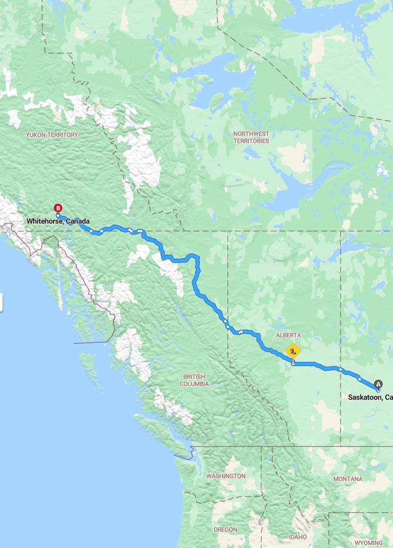 driving from Saskatoon, Saskatchewan to WhitehorseYukon - map and route