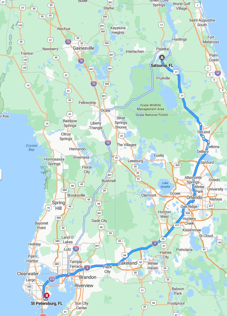 driving from Satsuma, Florida to Saint PetersburgFlorida - map and route