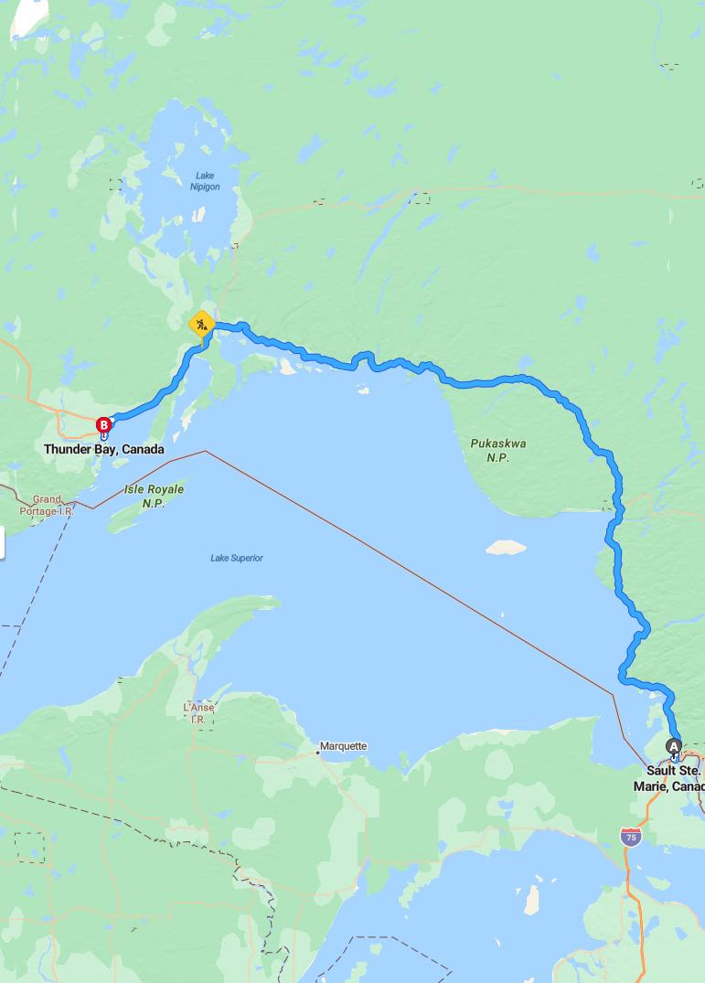 driving from Sault Ste. Marie, Ontario to Thunder BayOntario - map and route
