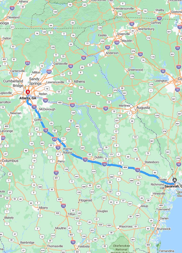 driving from Savannah, Georgia to AtlantaGeorgia - map and route
