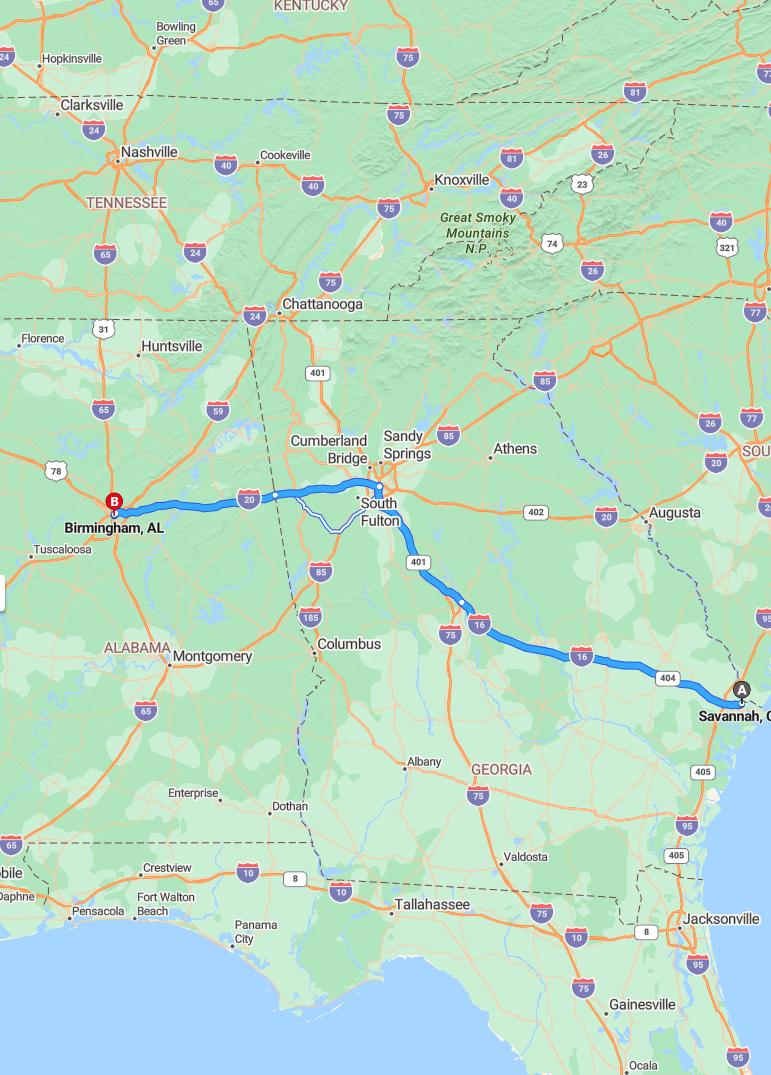driving from Savannah, Georgia to BirminghamAlabama - map and route