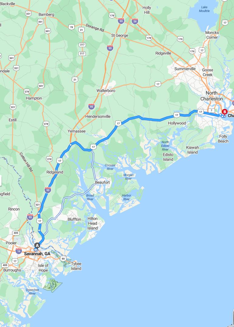 driving from Savannah, Georgia to CharlestonSouth Carolina - map and route