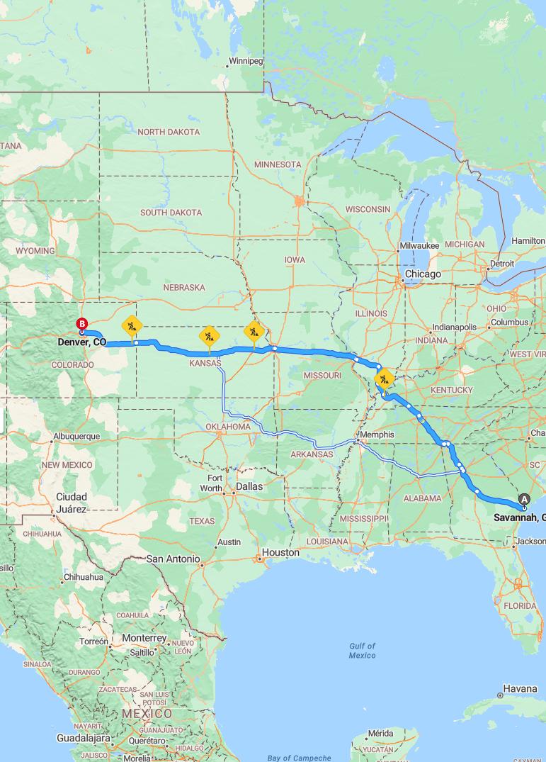 driving from Savannah, Georgia to DenverColorado - map and route