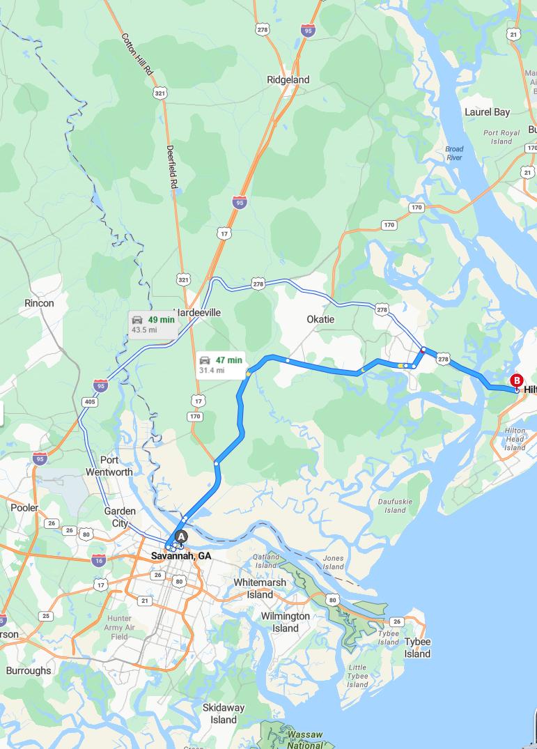 driving from Savannah, Georgia to Hilton Head IslandSouth Carolina - map and route