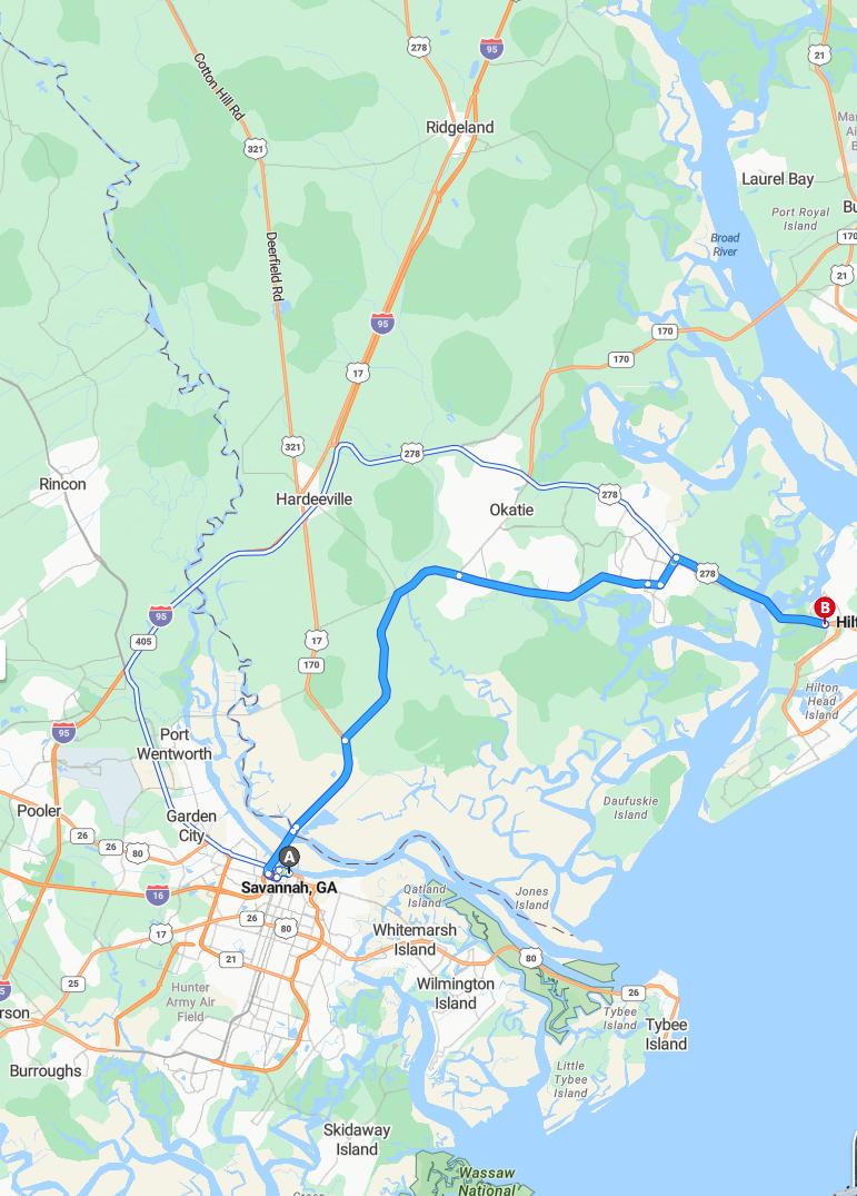 driving from Savannah, Georgia to Hilton HeadSouth Carolina - map and route