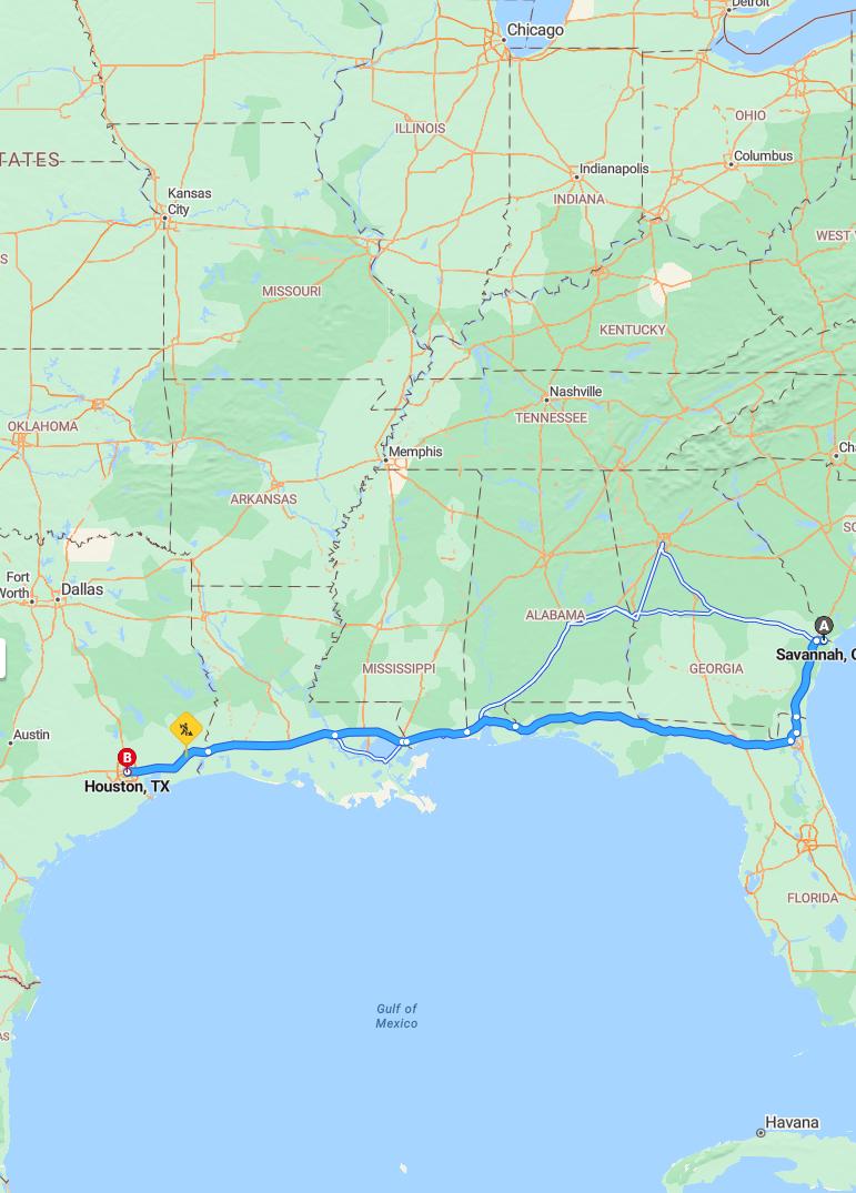 driving from Savannah, Georgia to HoustonTexas - map and route