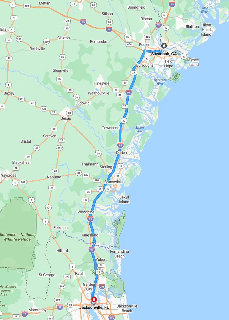 driving from Savannah, Georgia to JacksonvilleFlorida - map and route