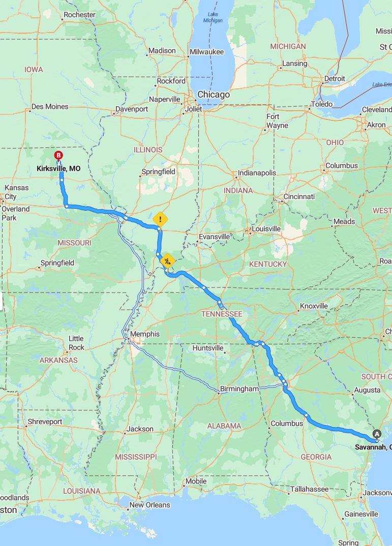 driving from Savannah, Georgia to KirksvilleMissouri - map and route