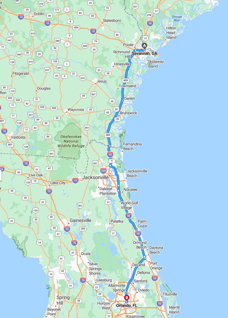 driving from Savannah, Georgia to OrlandoFlorida - map and route