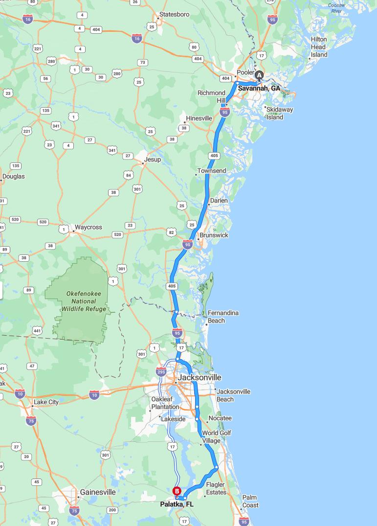 driving from Savannah, Georgia to PalatkaFlorida - map and route