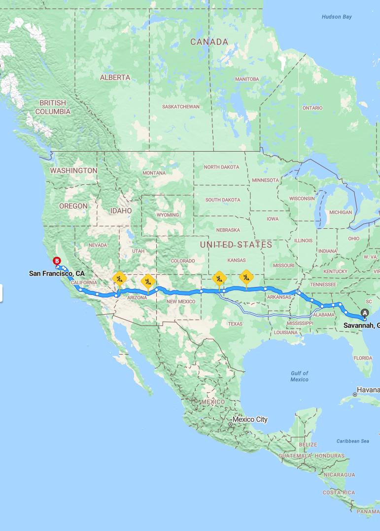 driving from Savannah, Georgia to San FranciscoCalifornia - map and route
