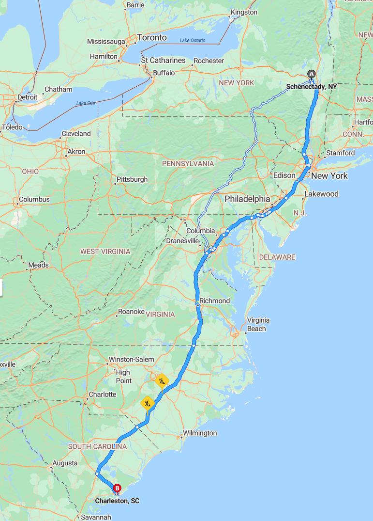 driving from Schenectady, New York to CharlestonSouth Carolina - map and route