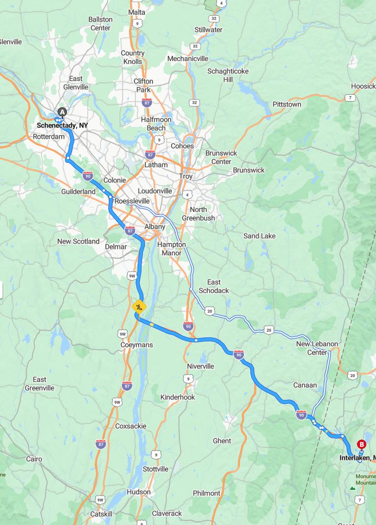 driving from Schenectady, New York to InterlakenMassachusetts - map and route