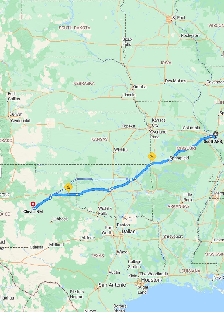 driving from Scott Air Force Base, Illinois to ClovisNew Mexico - map and route