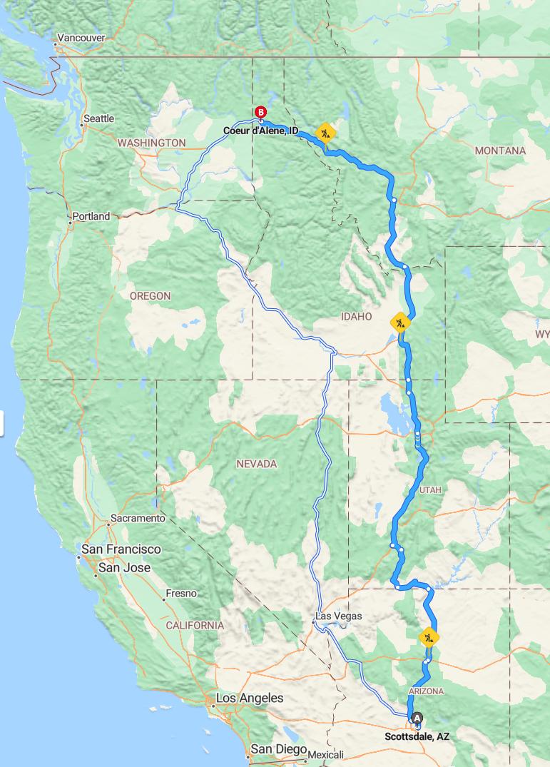driving from Scottsdale, Arizona to Coeur d'AleneIdaho - map and route