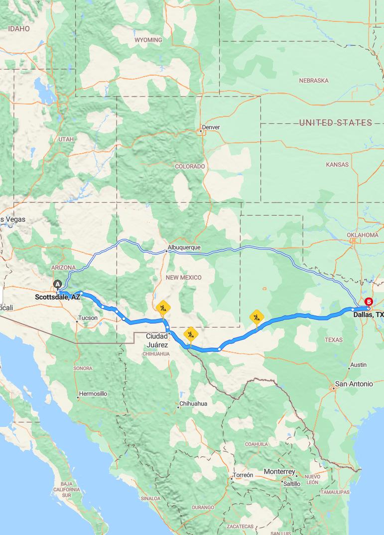driving from Scottsdale, Arizona to DallasTexas - map and route