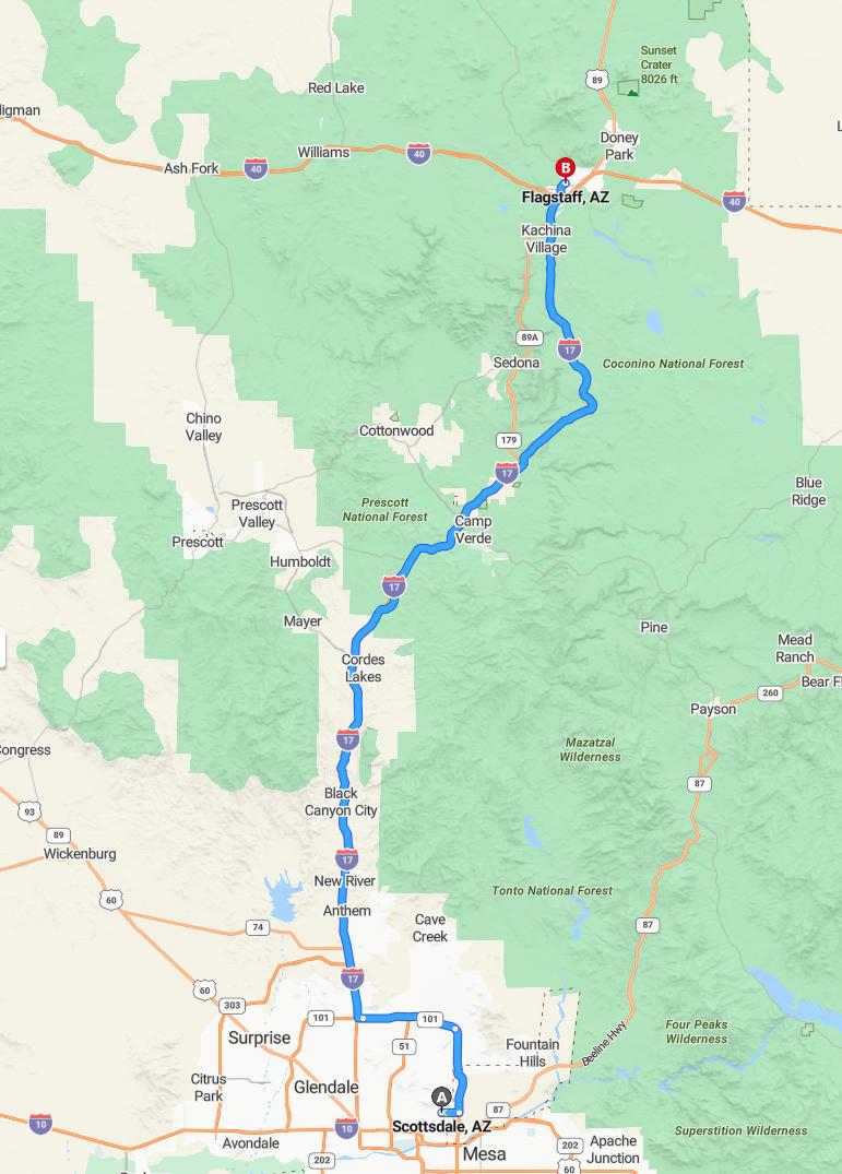 driving from Scottsdale, Arizona to FlagstaffArizona - map and route