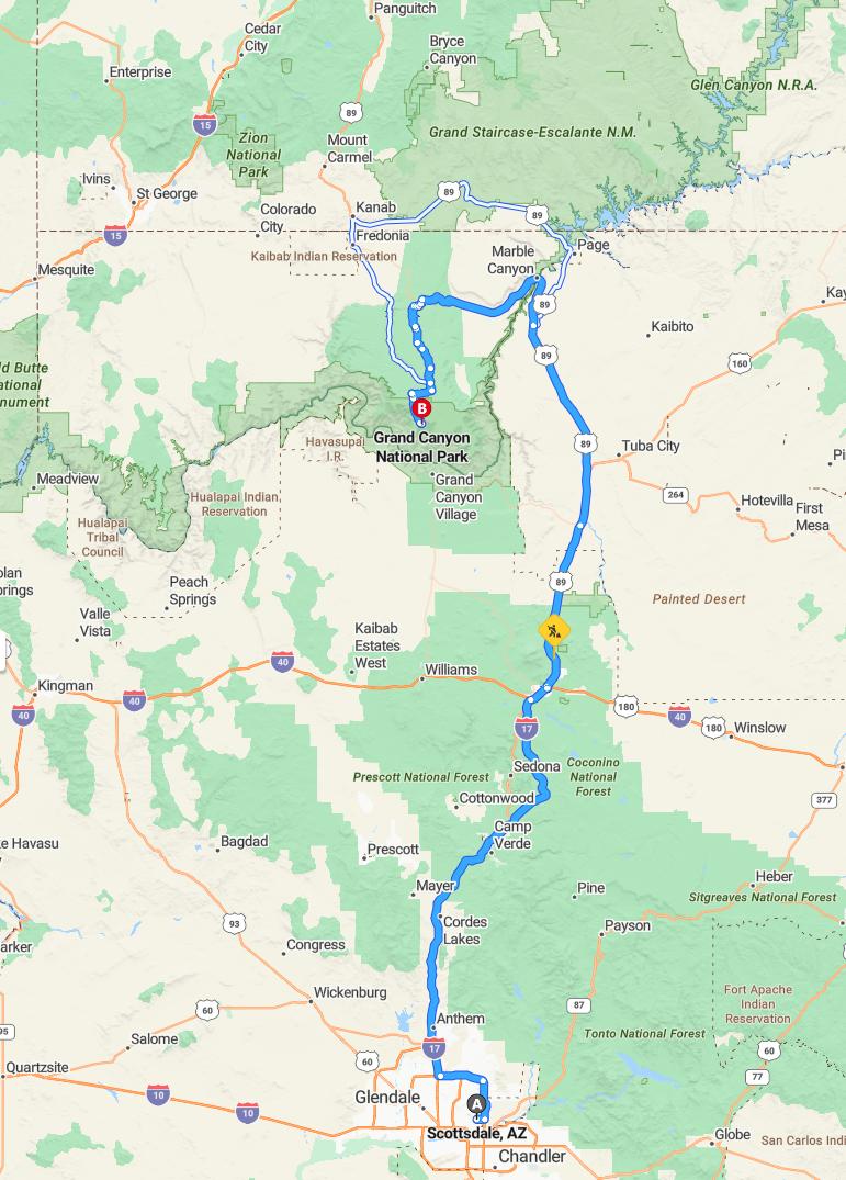 driving from Scottsdale, Arizona to Grand CanyonArizona - map and route