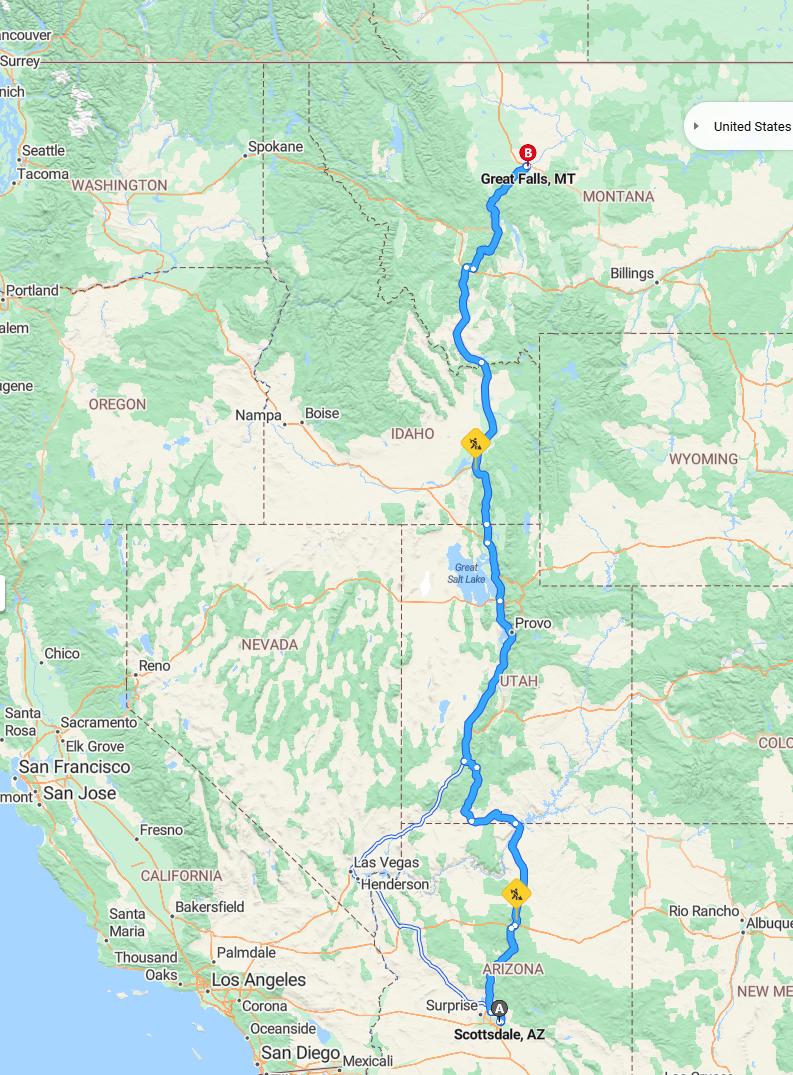 driving from Scottsdale, Arizona to Great FallsMontana - map and route