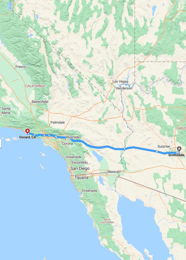 driving from Scottsdale, Arizona to OxnardCalifornia - map and route