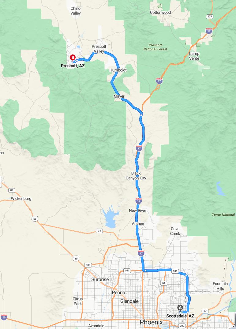 driving from Scottsdale, Arizona to PrescottArizona - map and route