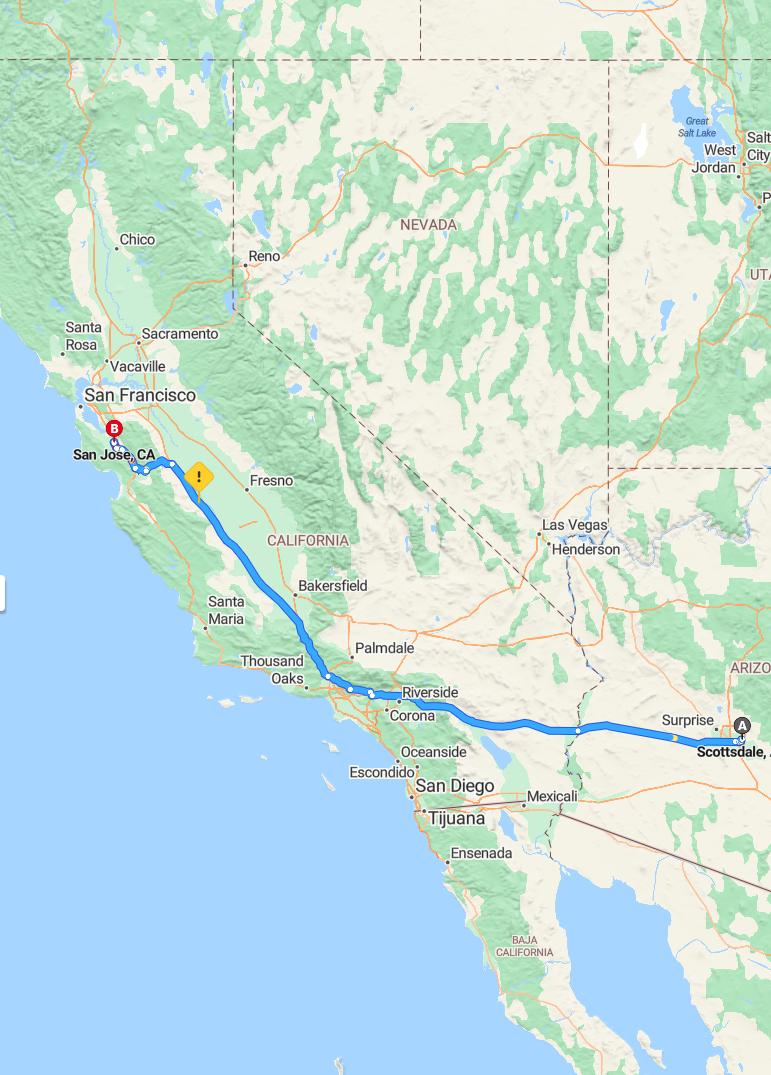 driving from Scottsdale, Arizona to San JoseCalifornia - map and route