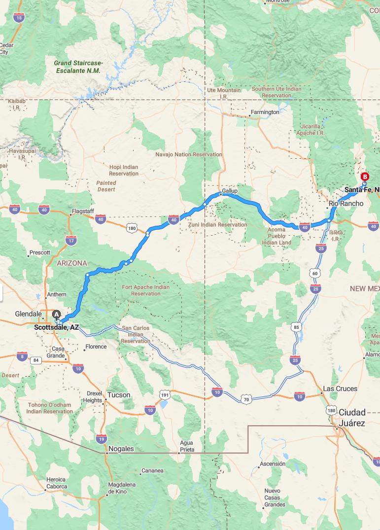 driving from Scottsdale, Arizona to Santa FeNew Mexico - map and route