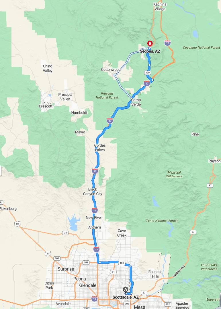 driving from Scottsdale, Arizona to SedonaArizona - map and route
