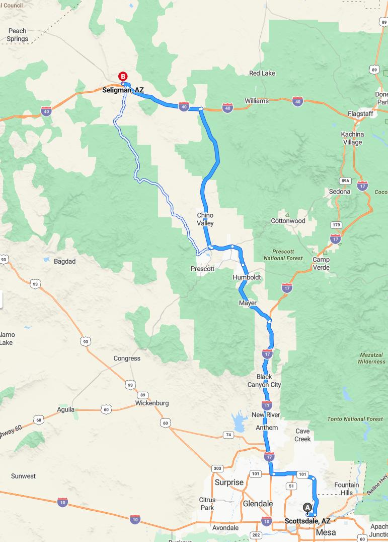 driving from Scottsdale, Arizona to SeligmanArizona - map and route