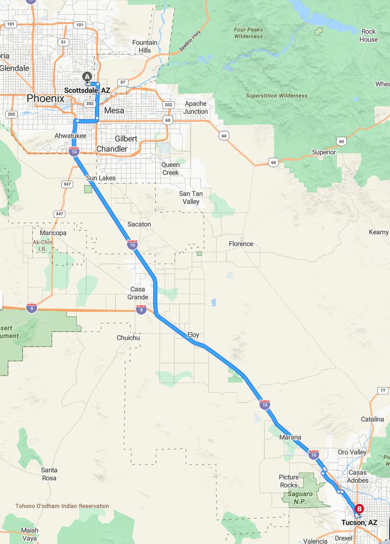 driving from Scottsdale, Arizona to TucsonArizona - map and route