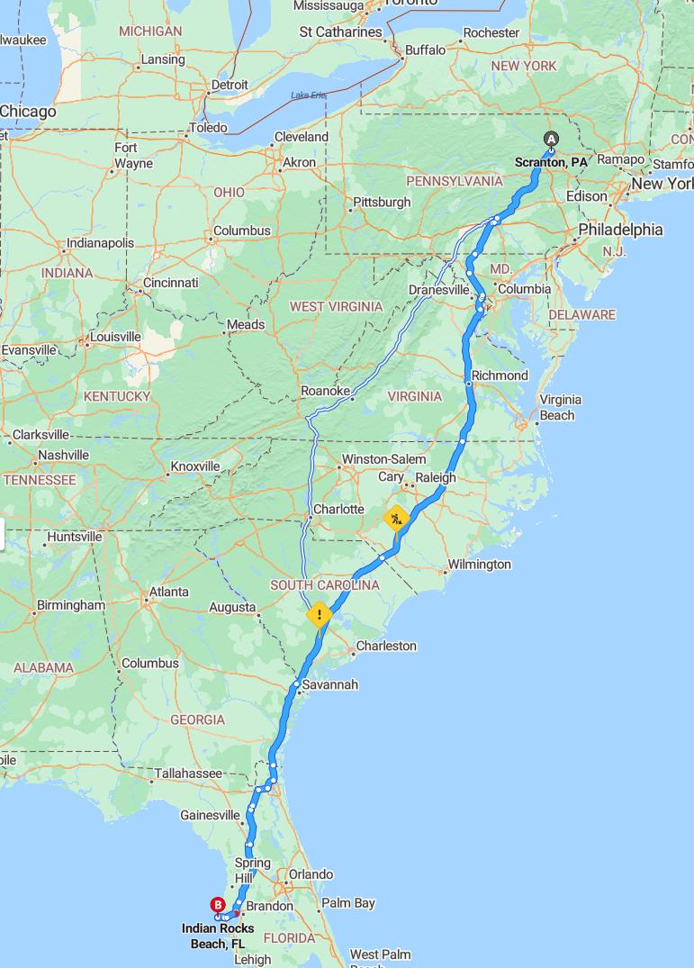 driving from Scranton, Pennsylvania to Indian Rocks BeachFlorida - map and route