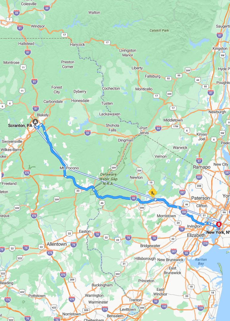 driving from Scranton, Pennsylvania to New York CityNew York - map and route