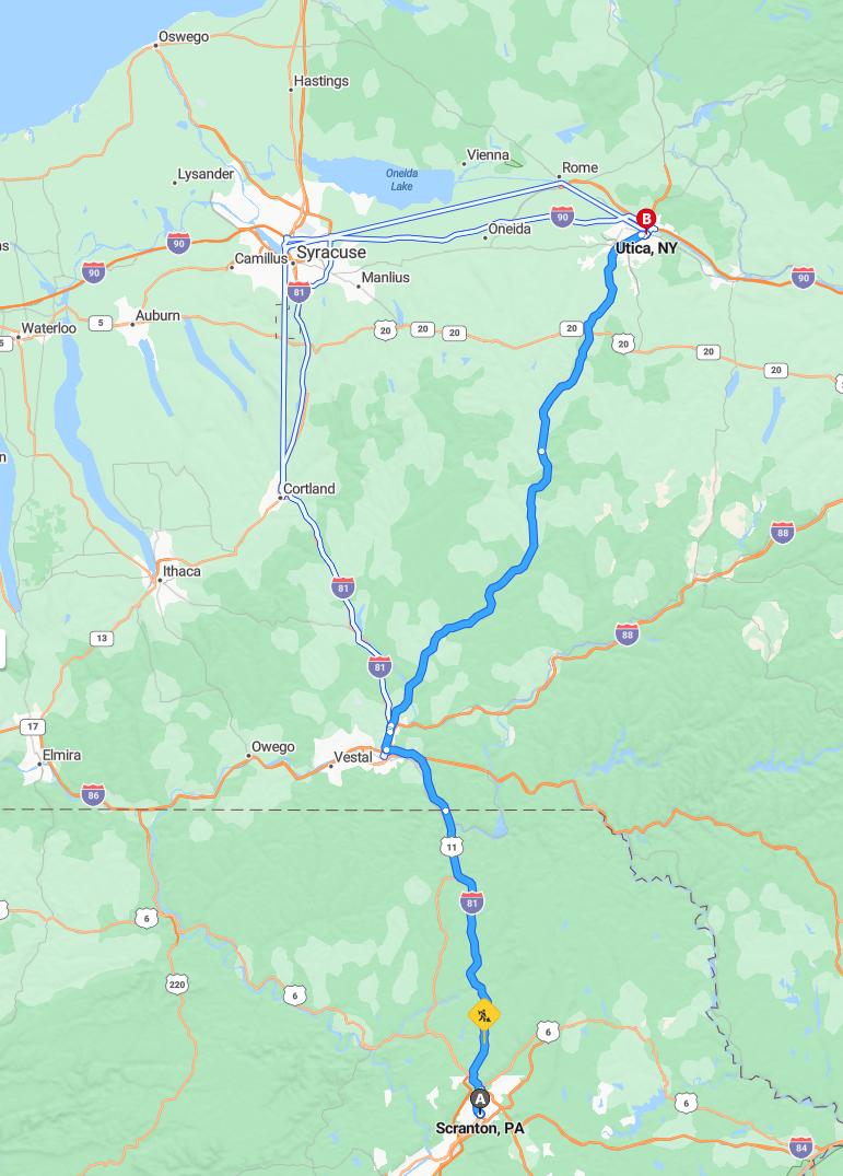 driving from Scranton, Pennsylvania to UticaNew York - map and route