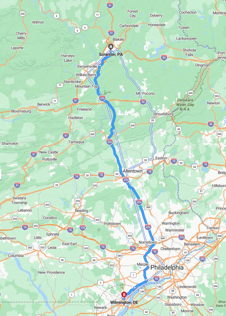 driving from Scranton, Pennsylvania to WilmingtonDelaware - map and route