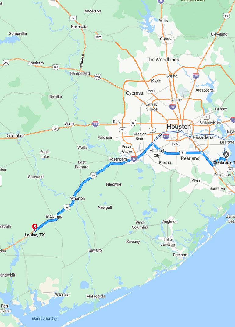 driving from Seabrook, Texas to LouiseTexas - map and route