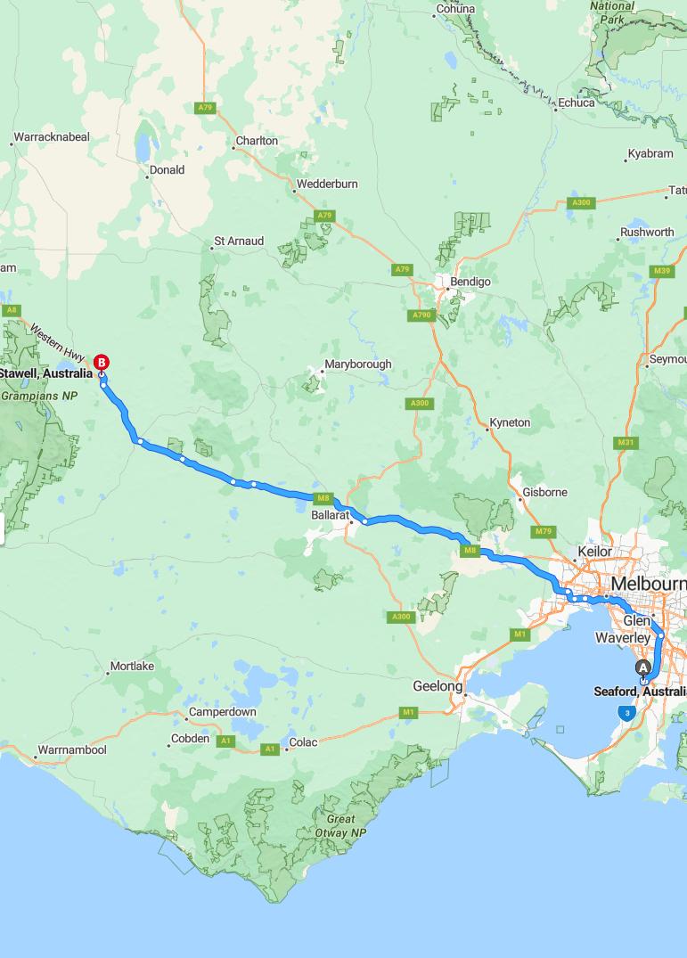 driving from Seaford, Victoria to StawellVictoria - map and route