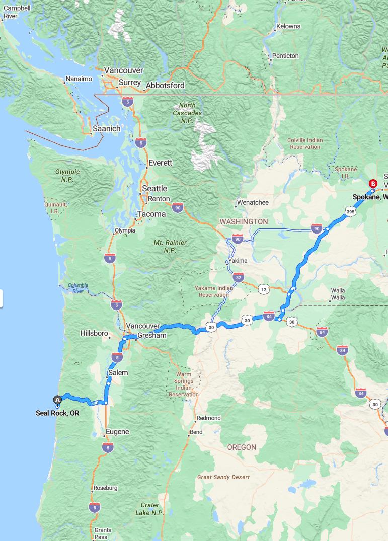 driving from Seal Rock, Oregon to SpokaneWashington - map and route