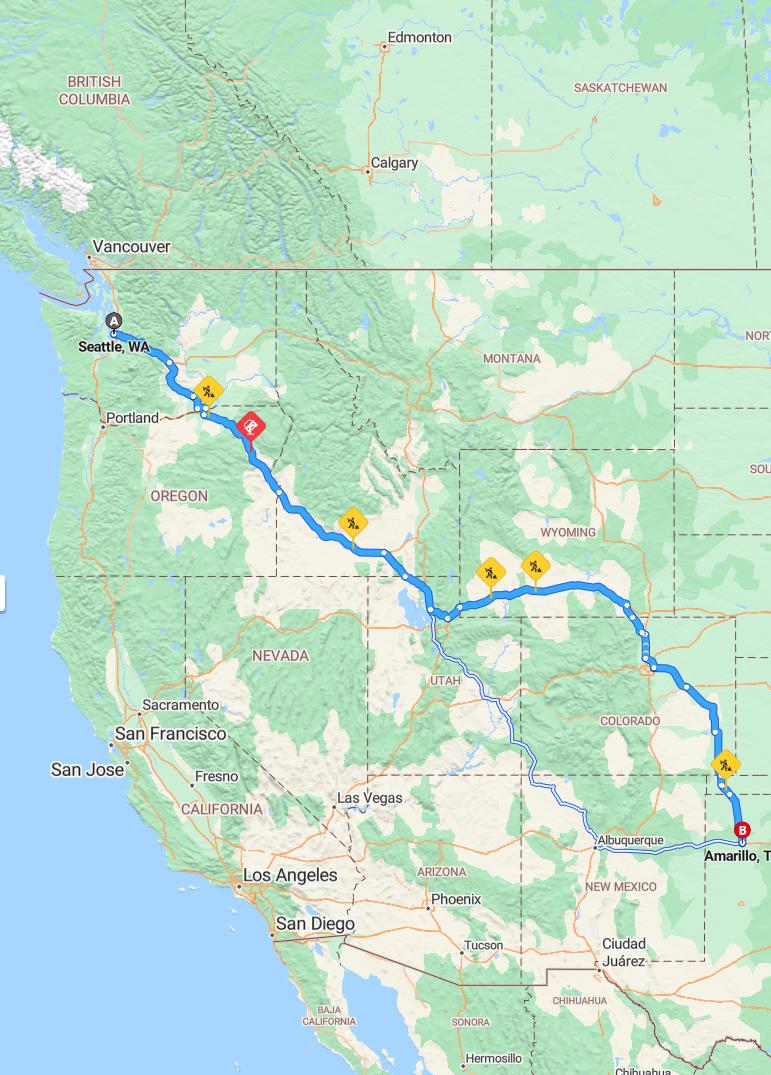 driving from Seattle, Washington to AmarilloTexas - map and route