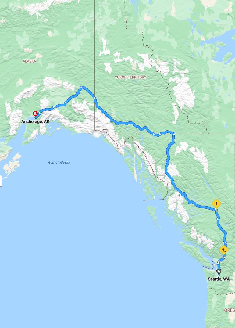 driving from Seattle, Washington to AnchorageAlaska - map and route